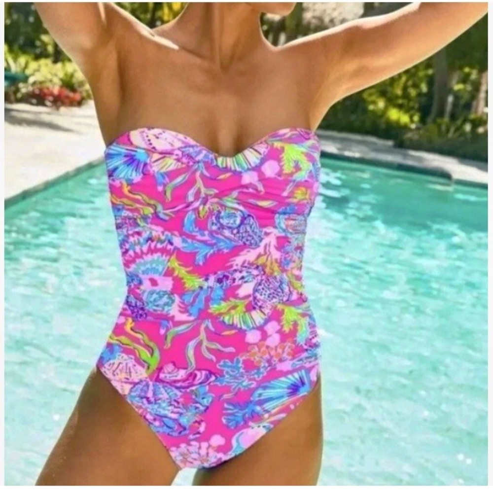 Lilly Pulitzer Flamenco Swimsuit Shell Me Something Good Sz 12 Pink Isle Bathing - Picture 2 of 8